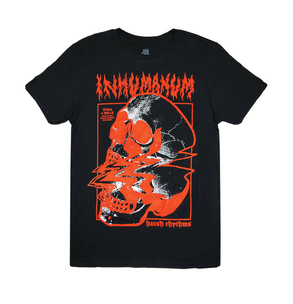"Black unisex short sleeve T-shirt featuring a red glitch skull graphic and 'Harsh Rhythms' text." - INHUMANUM Glitch Art Streetwear