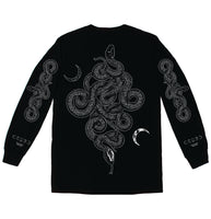 Black long sleeve shirt with white print of a coiled serpents along side crescent ying and yang moons - snakegoth fashion, pagan streetwear | INHUMANUM
