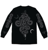 Black long sleeve shirt with white print of a coiled serpents along side crescent ying and yang moons - snakegoth fashion, pagan streetwear | INHUMANUM