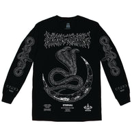 Black long sleeve shirt with white print of INHUMANUM logo at the top, 3 headed serpent rising from a crescent moon, and snake graphics on sleeves – occult fashion, witchwear | INHUMANUM