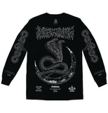 Black long sleeve shirt with white print of INHUMANUM logo at the top, 3 headed serpent rising from a crescent moon, and snake graphics on sleeves – occult fashion, witchwear | INHUMANUM