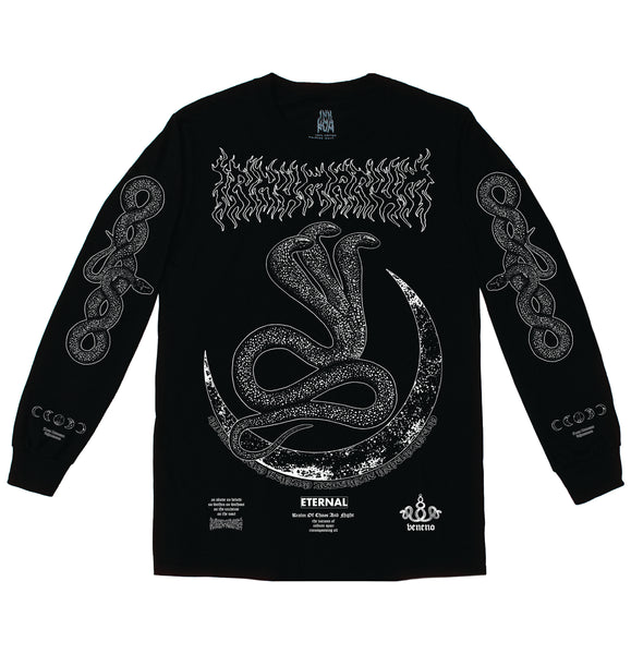 Black long sleeve shirt with white print of INHUMANUM logo at the top, 3 headed serpent rising from a crescent moon, and snake graphics on sleeves – occult fashion, witchwear | INHUMANUM